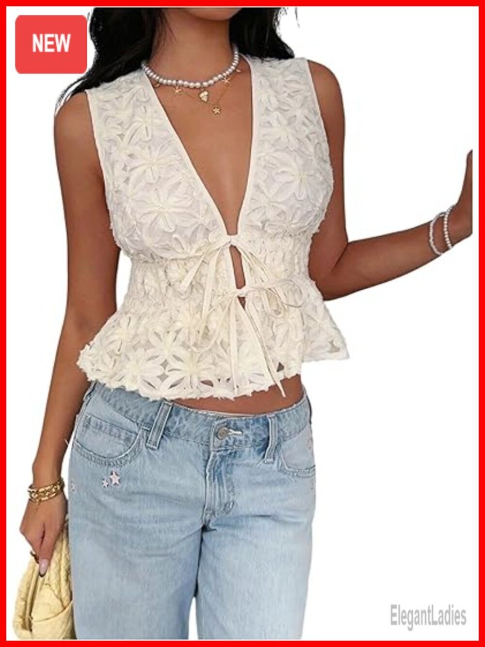 Deep V Neck Tie Front Sleeveless Peplum Ruffle Hem Blouse